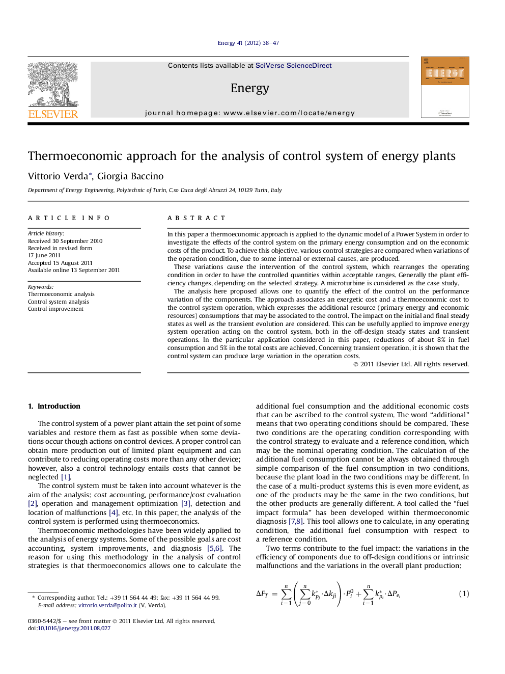 Thermoeconomic approach for the analysis of control system of energy plants