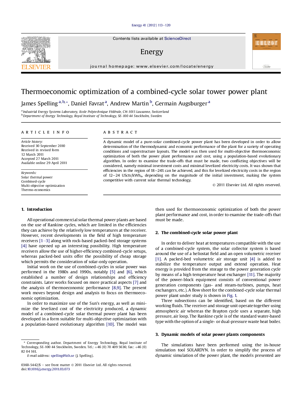 Thermoeconomic optimization of a combined-cycle solar tower power plant