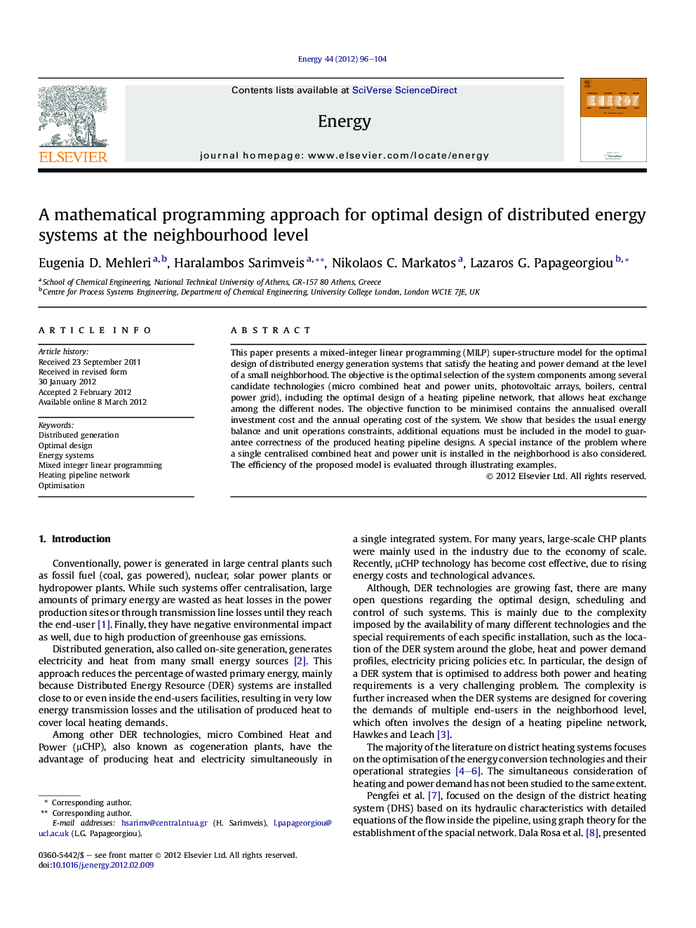 عکس صفحه اول مقاله: A mathematical programming approach for optimal design of distributed energy systems at the neighbourhood level A mathematical programming approach for optimal design of distributed energy systems at the neighbourhood level