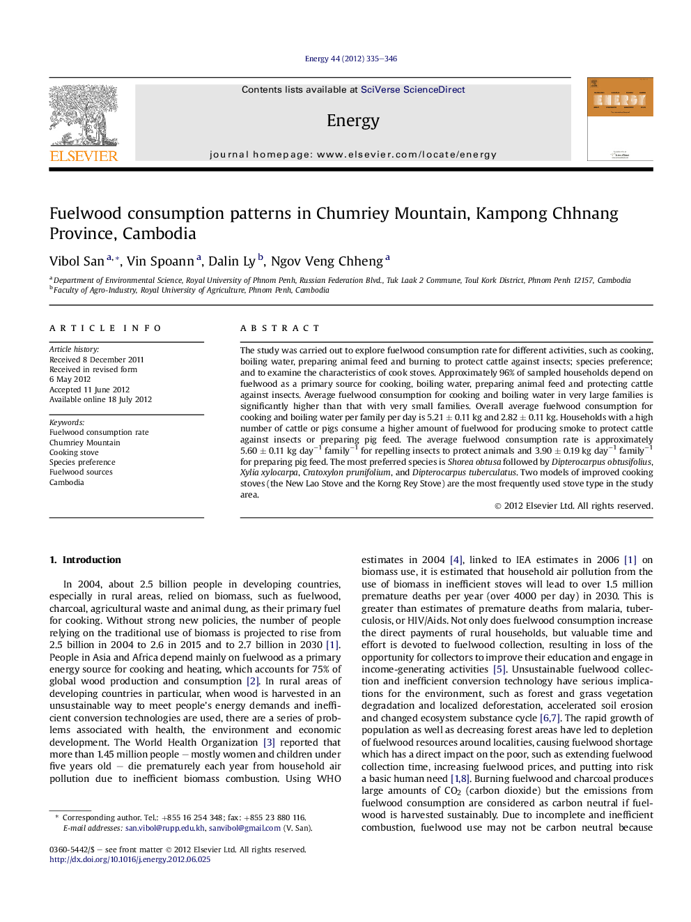 Fuelwood consumption patterns in Chumriey Mountain, Kampong Chhnang Province, Cambodia