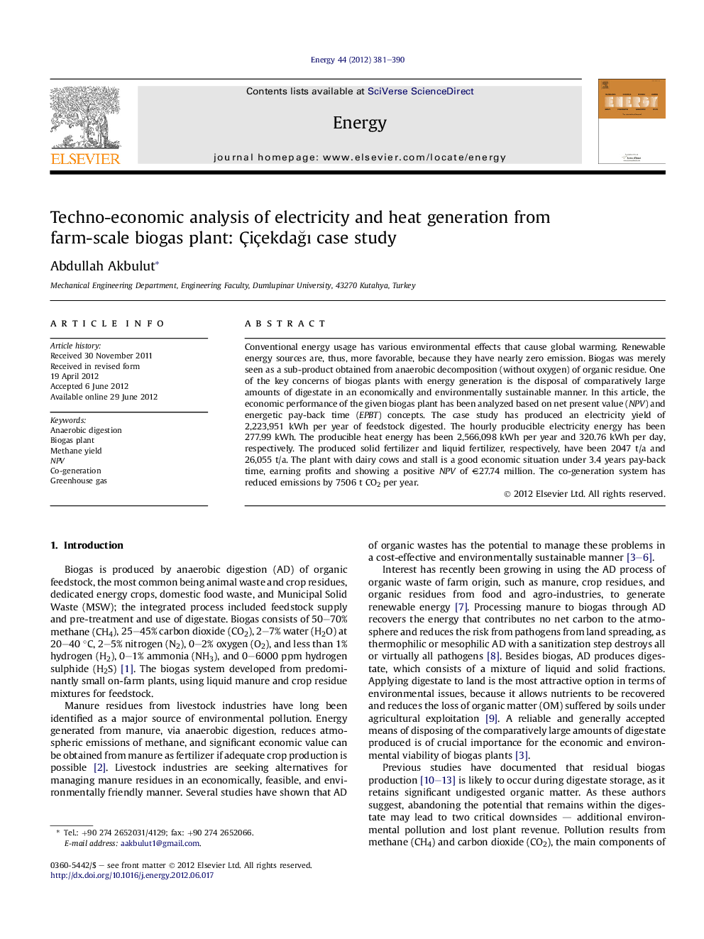 عکس صفحه اول مقاله: Techno-economic analysis of electricity and heat generation from farm-scale biogas plant: Çiçekdağı case study Techno-economic analysis of electricity and heat generation from farm-scale biogas plant: Çiçekdağı case study
