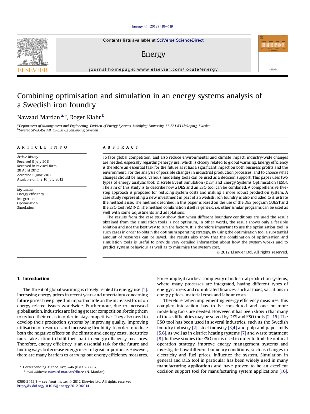 Combining optimisation and simulation in an energy systems analysis of a Swedish iron foundry