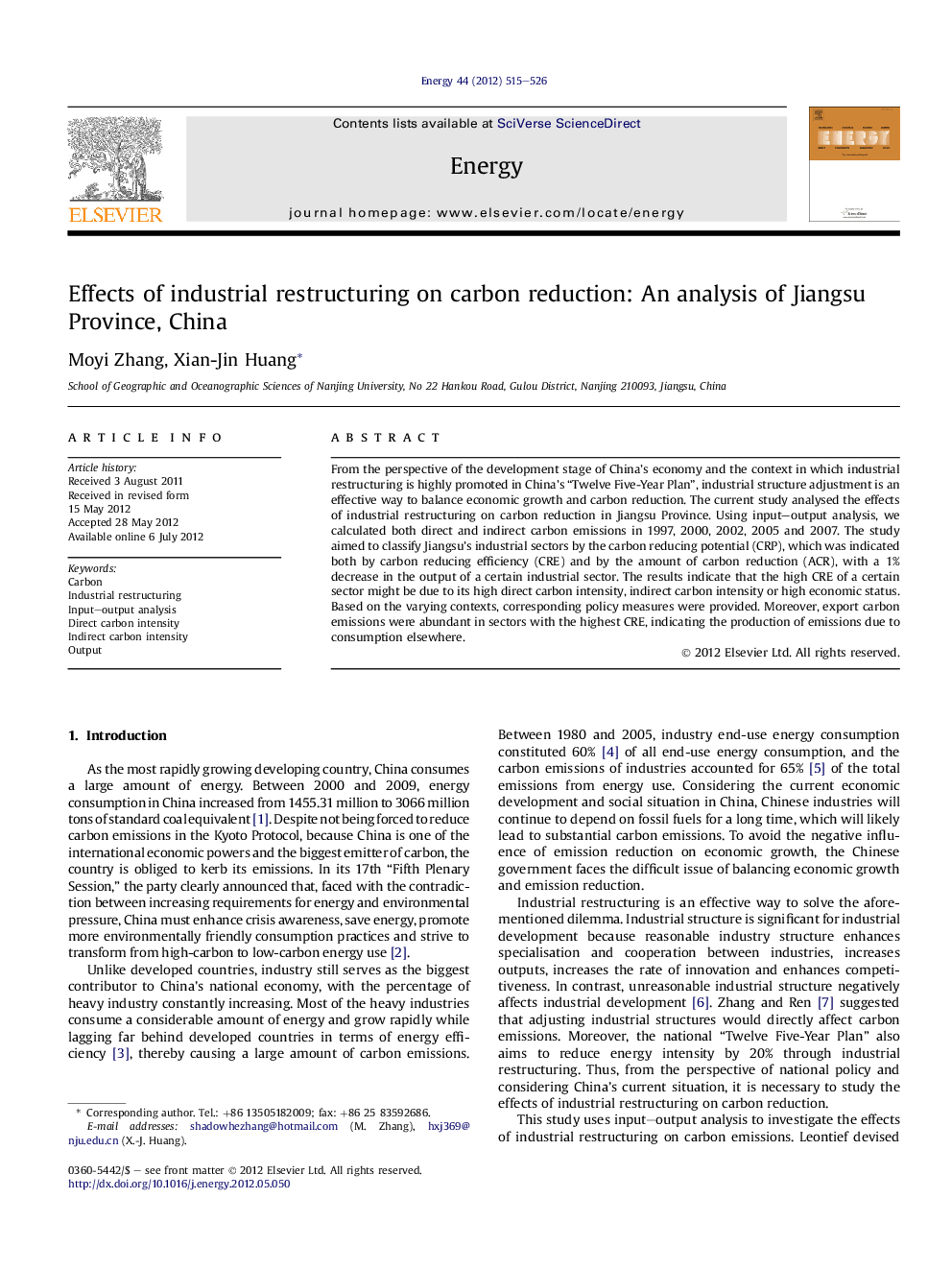 Effects of industrial restructuring on carbon reduction: An analysis of Jiangsu Province, China