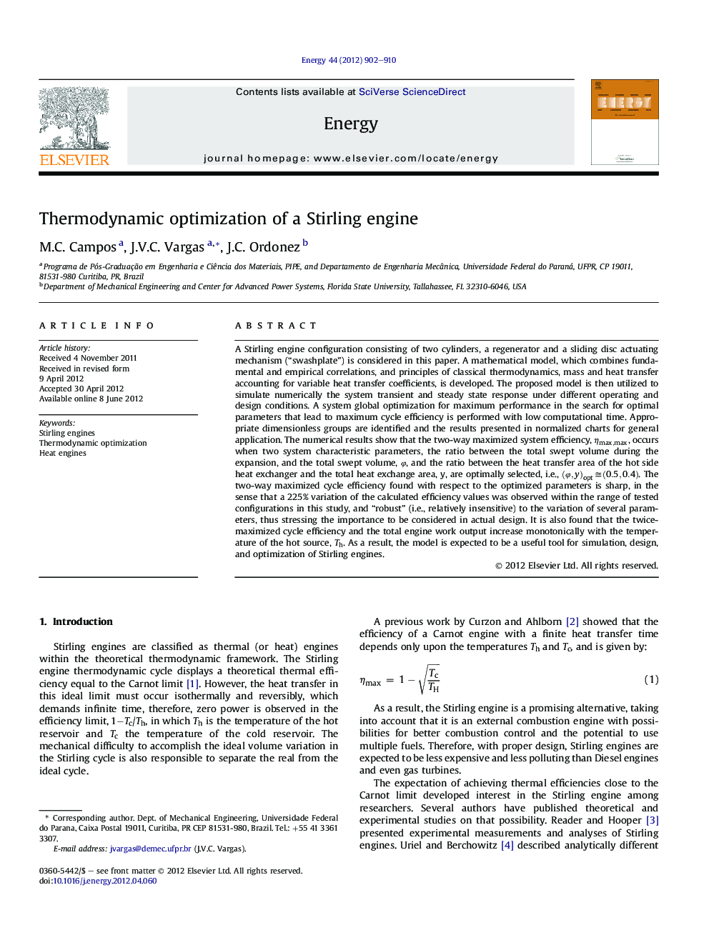 Thermodynamic optimization of a Stirling engine