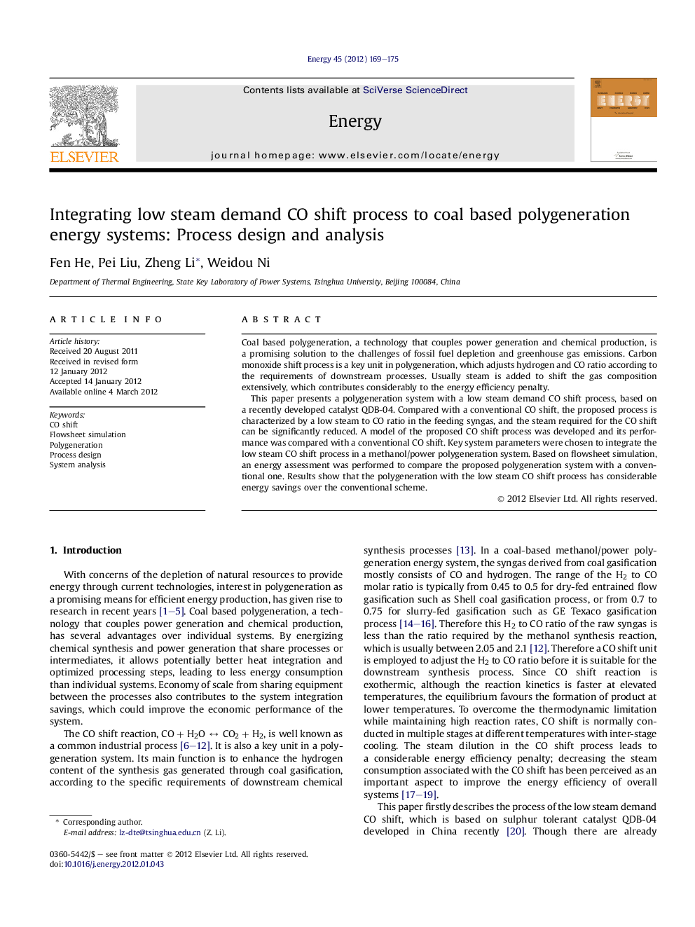 Integrating low steam demand CO shift process to coal based polygeneration energy systems: Process design and analysis