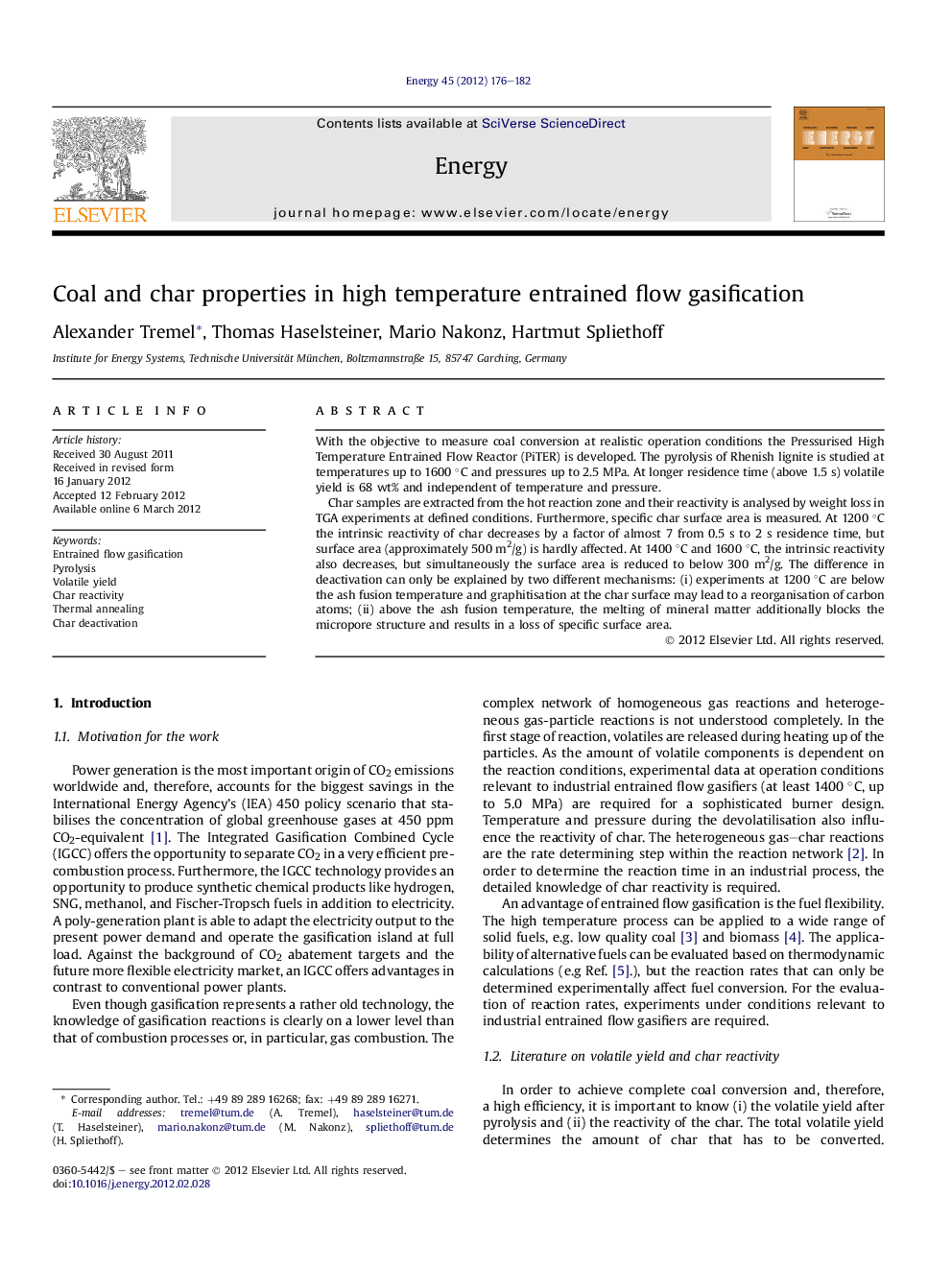 Coal and char properties in high temperature entrained flow gasification