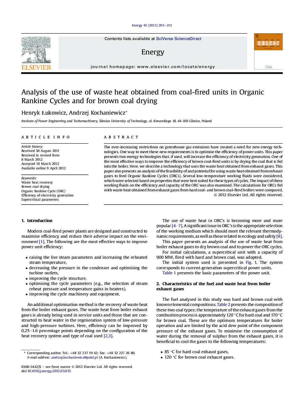 Analysis of the use of waste heat obtained from coal-fired units in Organic Rankine Cycles and for brown coal drying