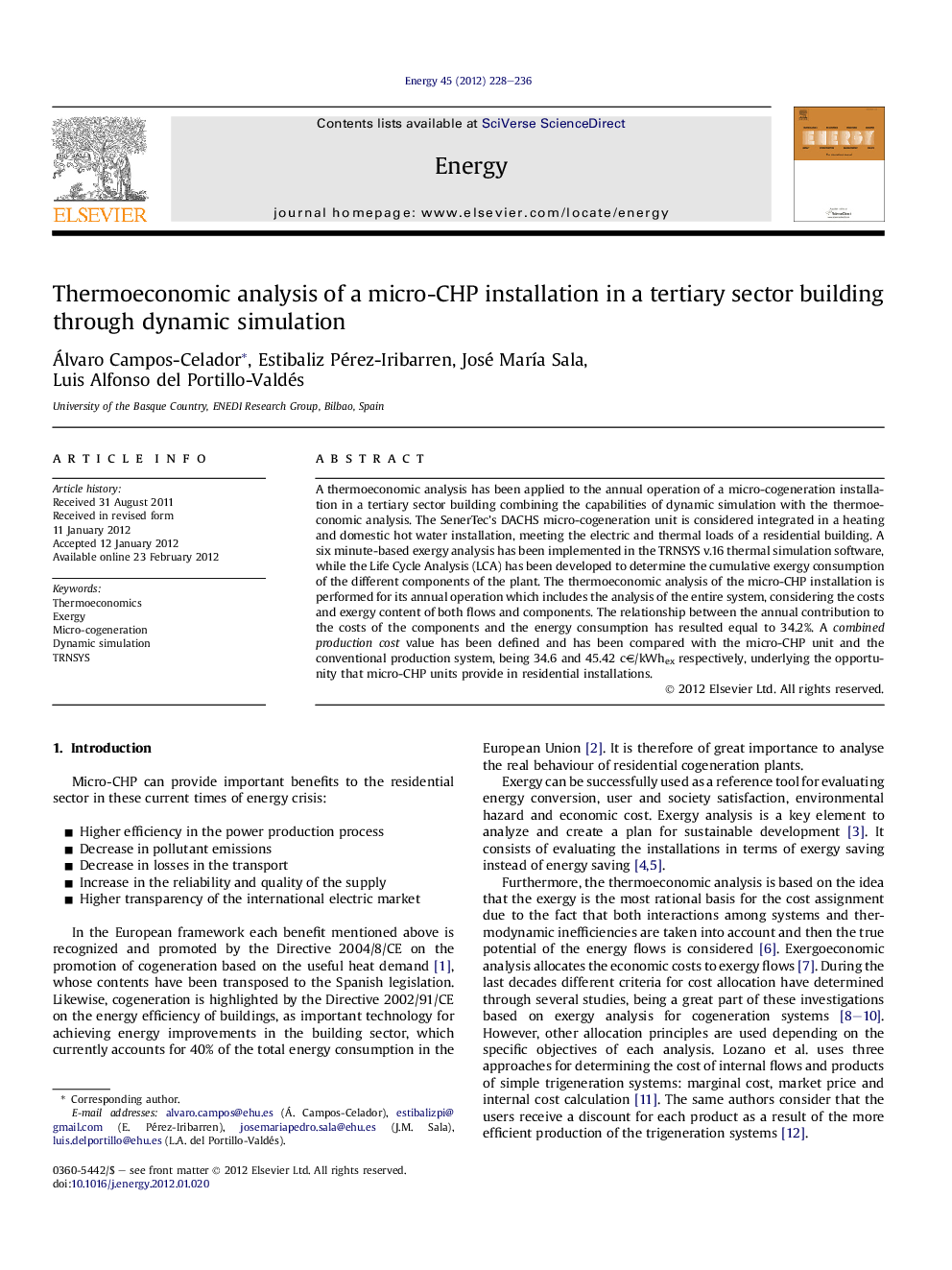 Thermoeconomic analysis of a micro-CHP installation in a tertiary sector building through dynamic simulation