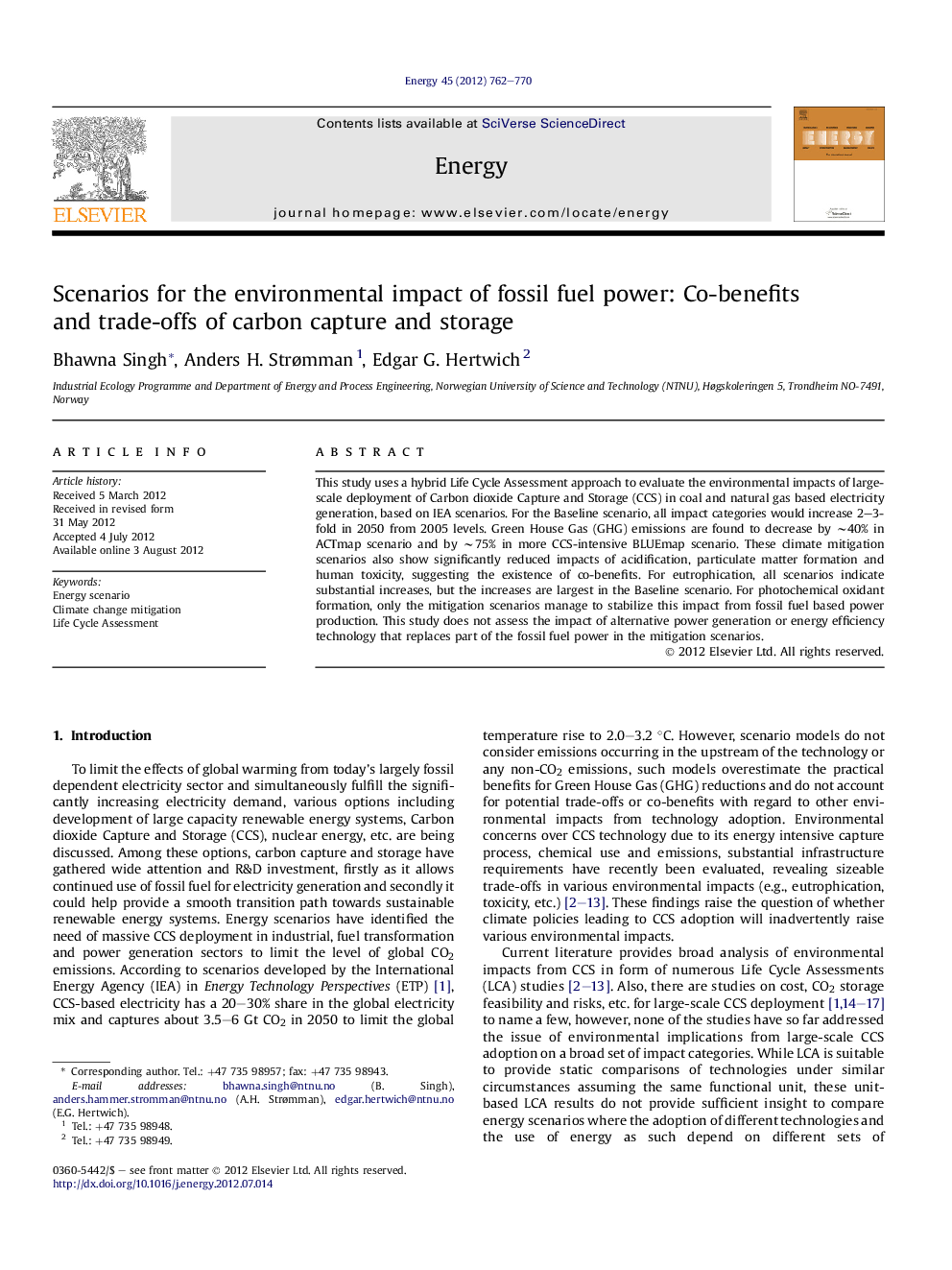 Scenarios for the environmental impact of fossil fuel power: Co-benefits and trade-offs of carbon capture and storage