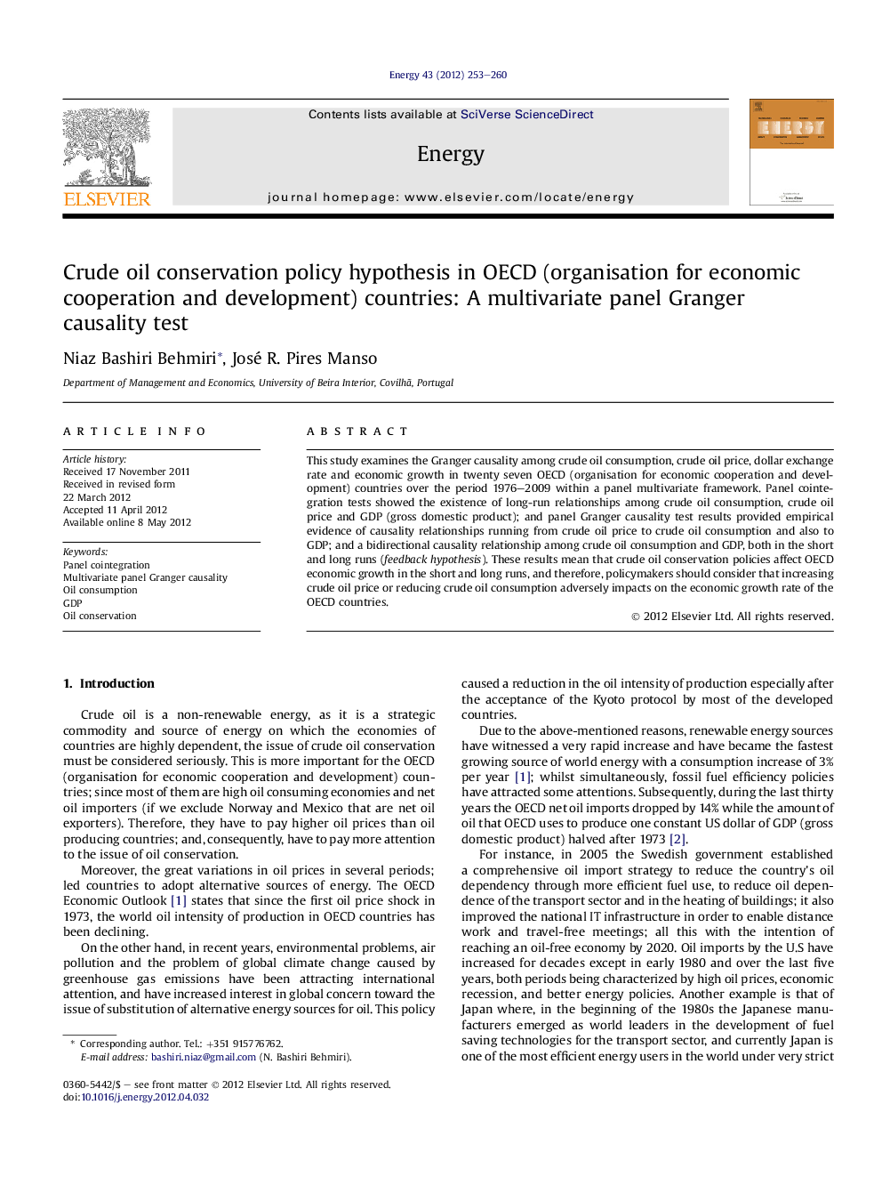 Crude oil conservation policy hypothesis in OECD (organisation for economic cooperation and development) countries: A multivariate panel Granger causality test