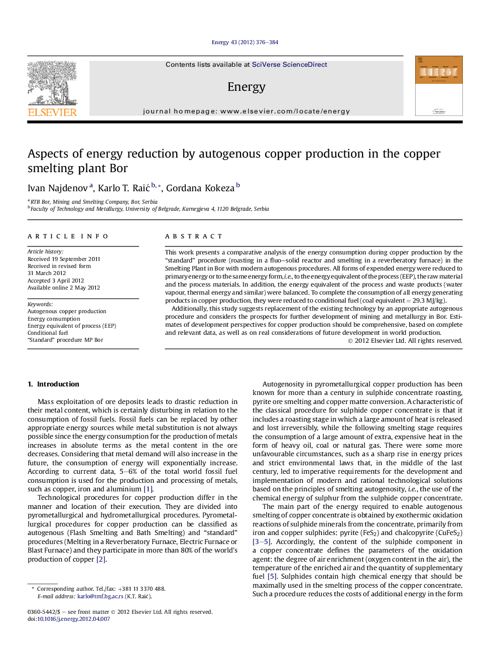 Aspects of energy reduction by autogenous copper production in the copper smelting plant Bor