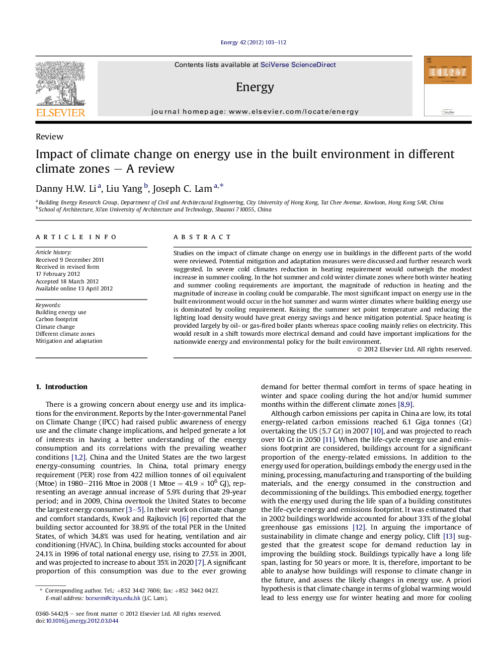 Impact of climate change on energy use in the built environment in different climate zones – A review