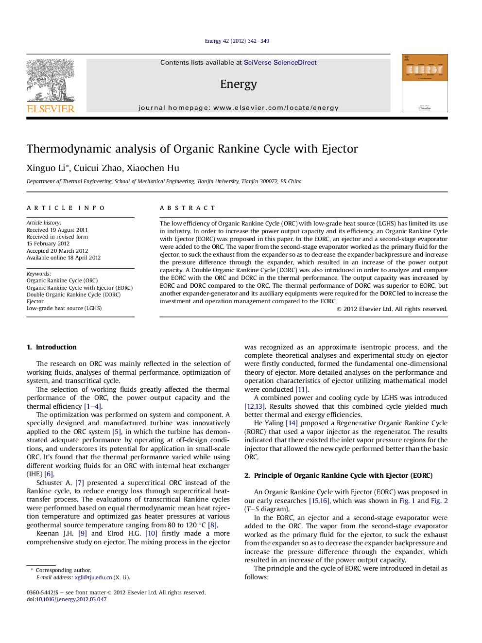 Thermodynamic analysis of Organic Rankine Cycle with Ejector