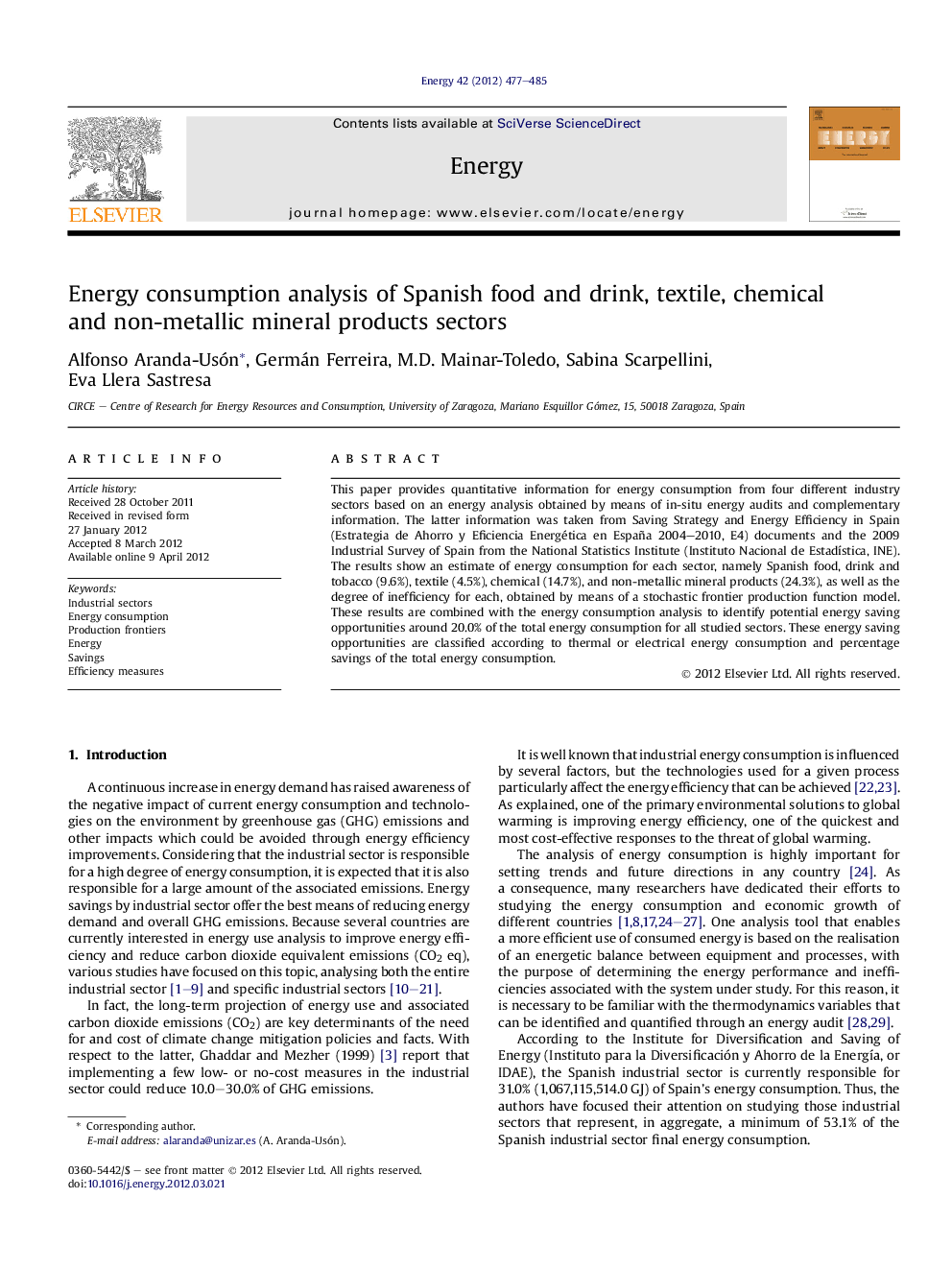 Energy consumption analysis of Spanish food and drink, textile, chemical and non-metallic mineral products sectors