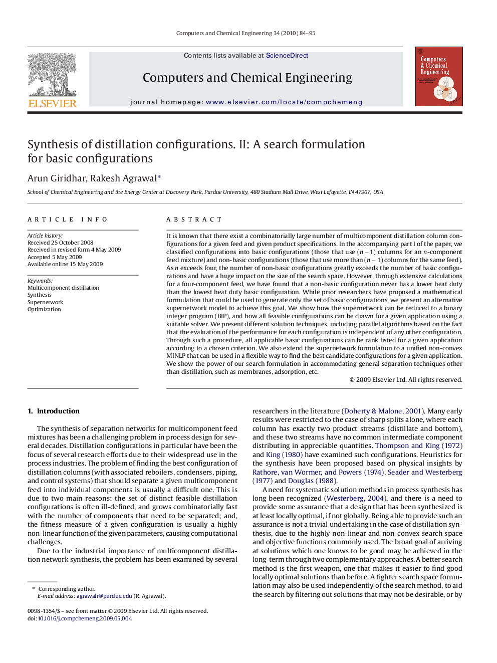 Synthesis of distillation configurations. II: A search formulation for basic configurations