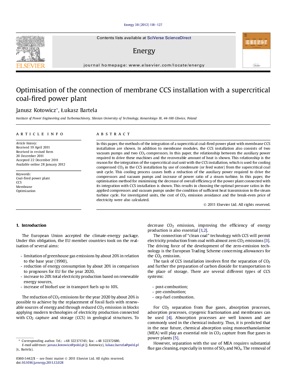 Optimisation of the connection of membrane CCS installation with a supercritical coal-fired power plant