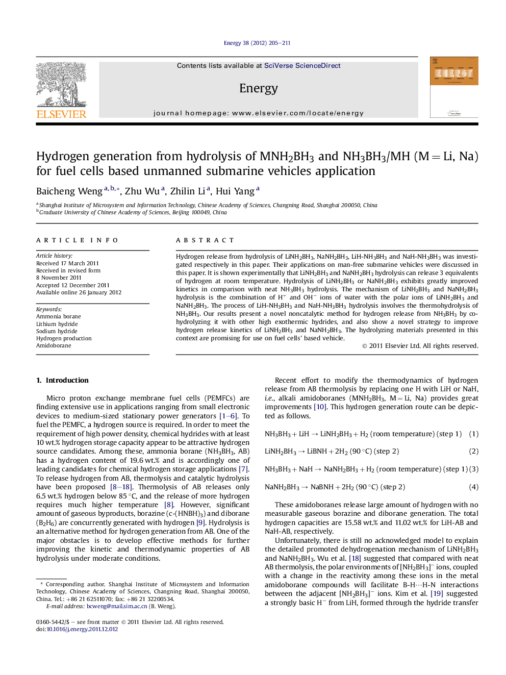 Hydrogen generation from hydrolysis of MNH2BH3 and NH3BH3/MH (M = Li, Na) for fuel cells based unmanned submarine vehicles application