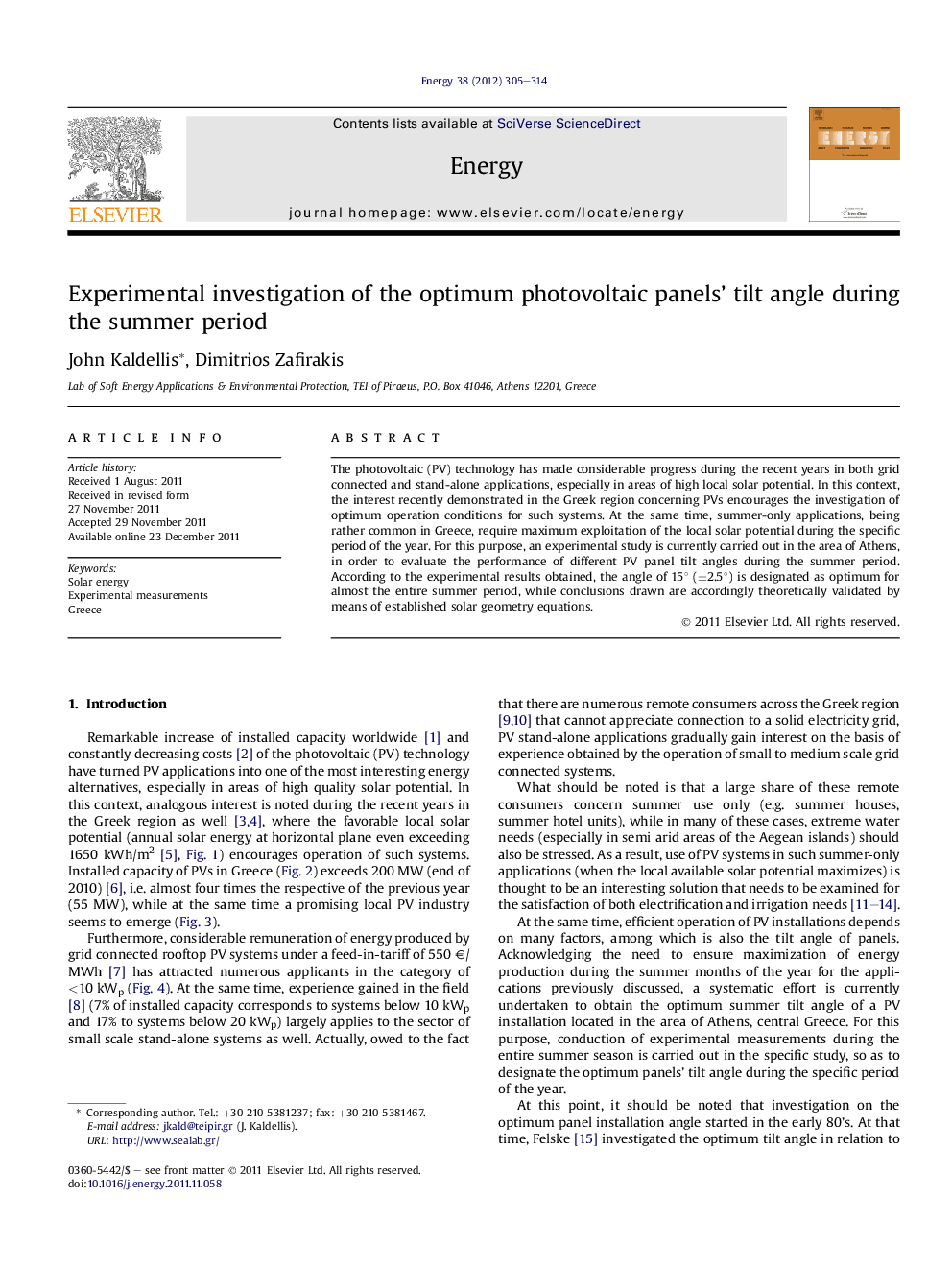 Experimental investigation of the optimum photovoltaic panels’ tilt angle during the summer period