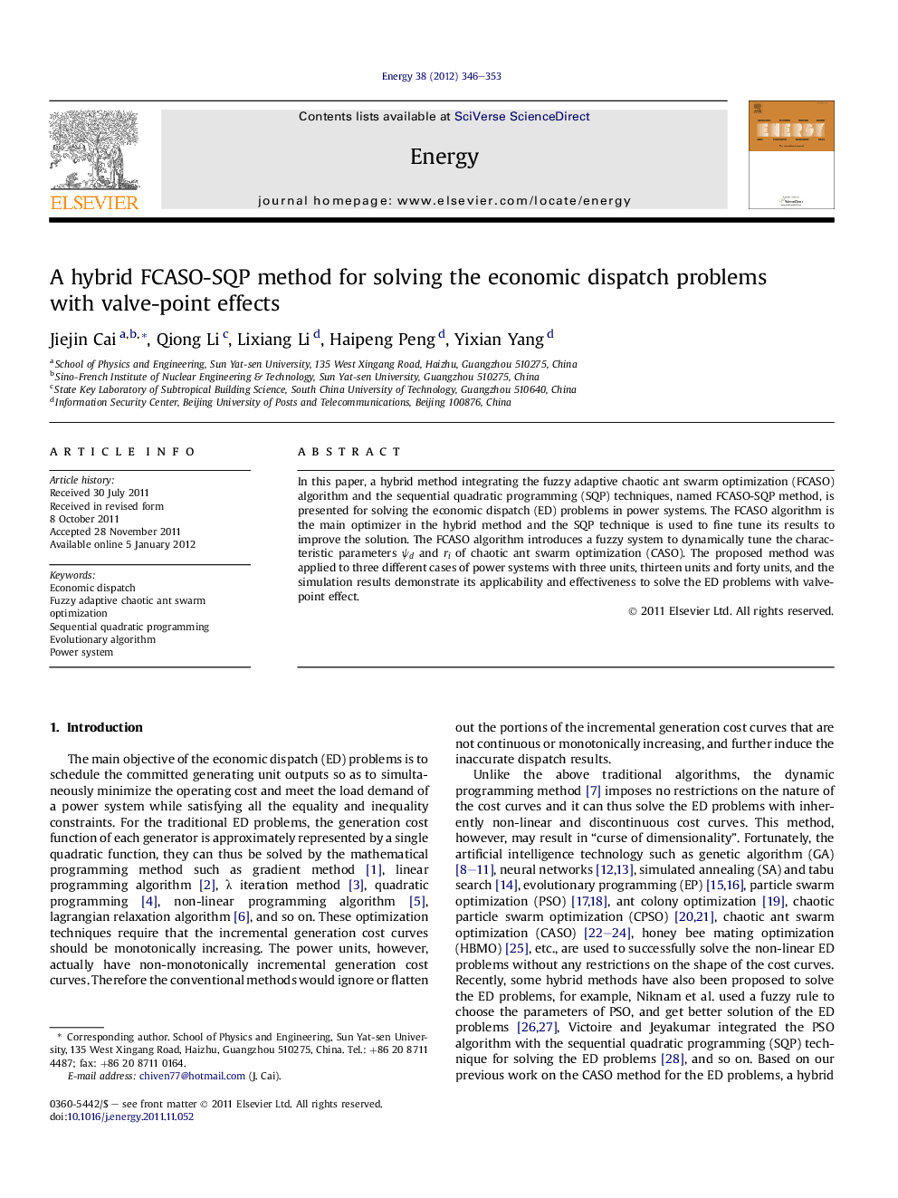 A hybrid FCASO-SQP method for solving the economic dispatch problems with valve-point effects