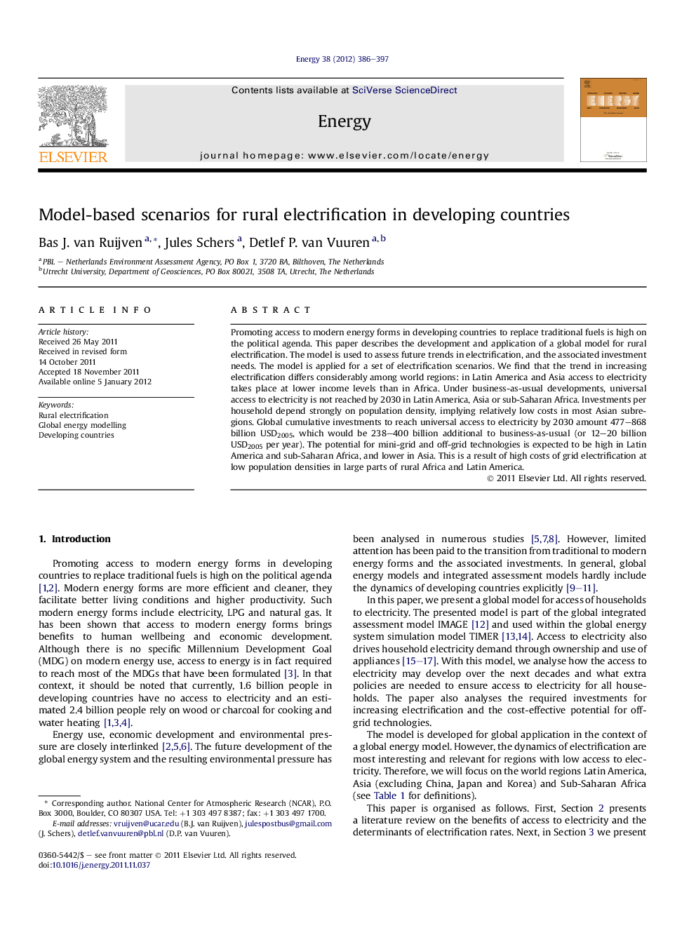 Model-based scenarios for rural electrification in developing countries