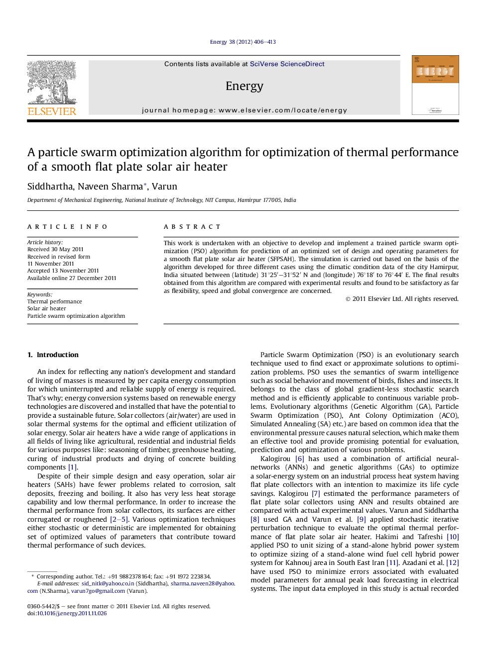 A particle swarm optimization algorithm for optimization of thermal performance of a smooth flat plate solar air heater