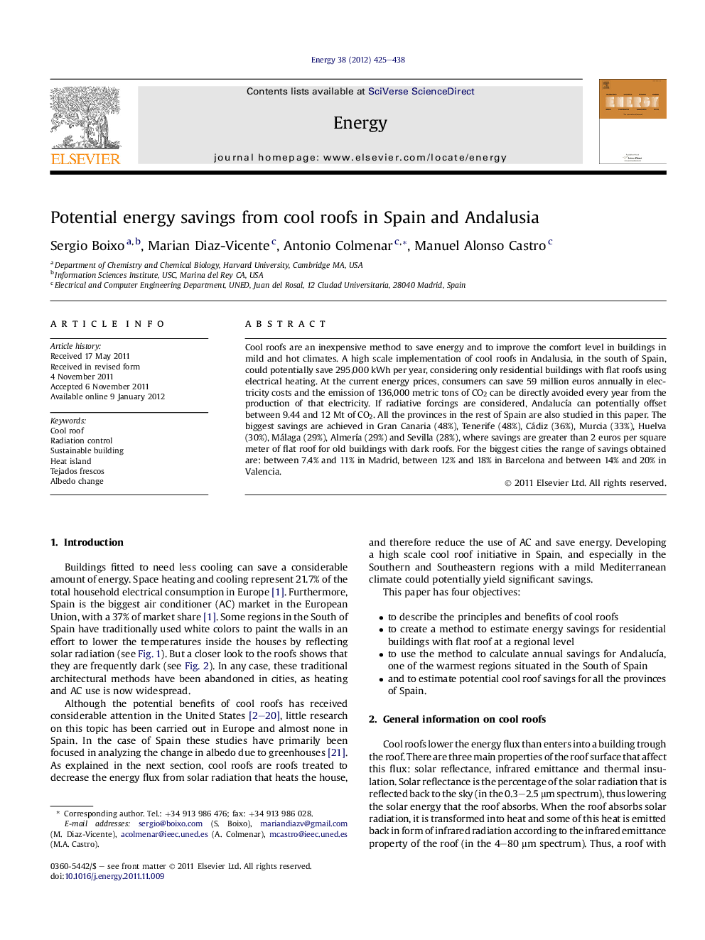 Potential energy savings from cool roofs in Spain and Andalusia