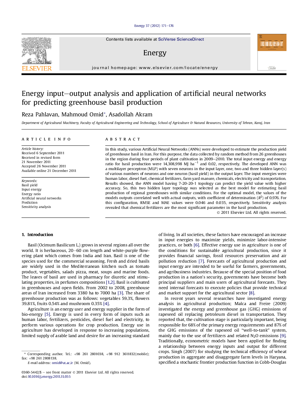 Energy input–output analysis and application of artificial neural networks for predicting greenhouse basil production