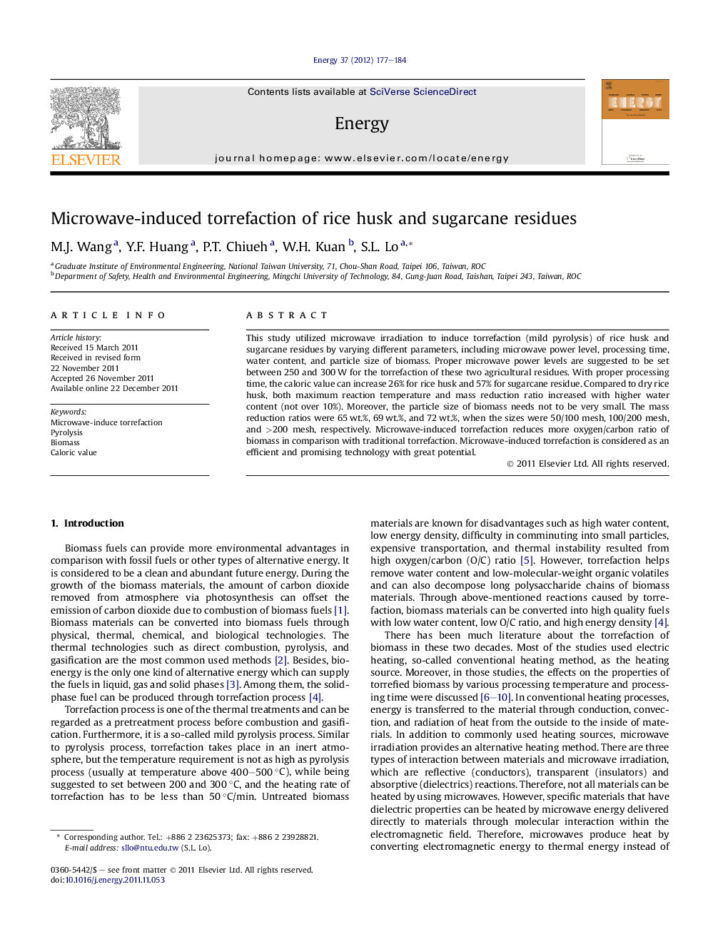 Microwave-induced torrefaction of rice husk and sugarcane residues