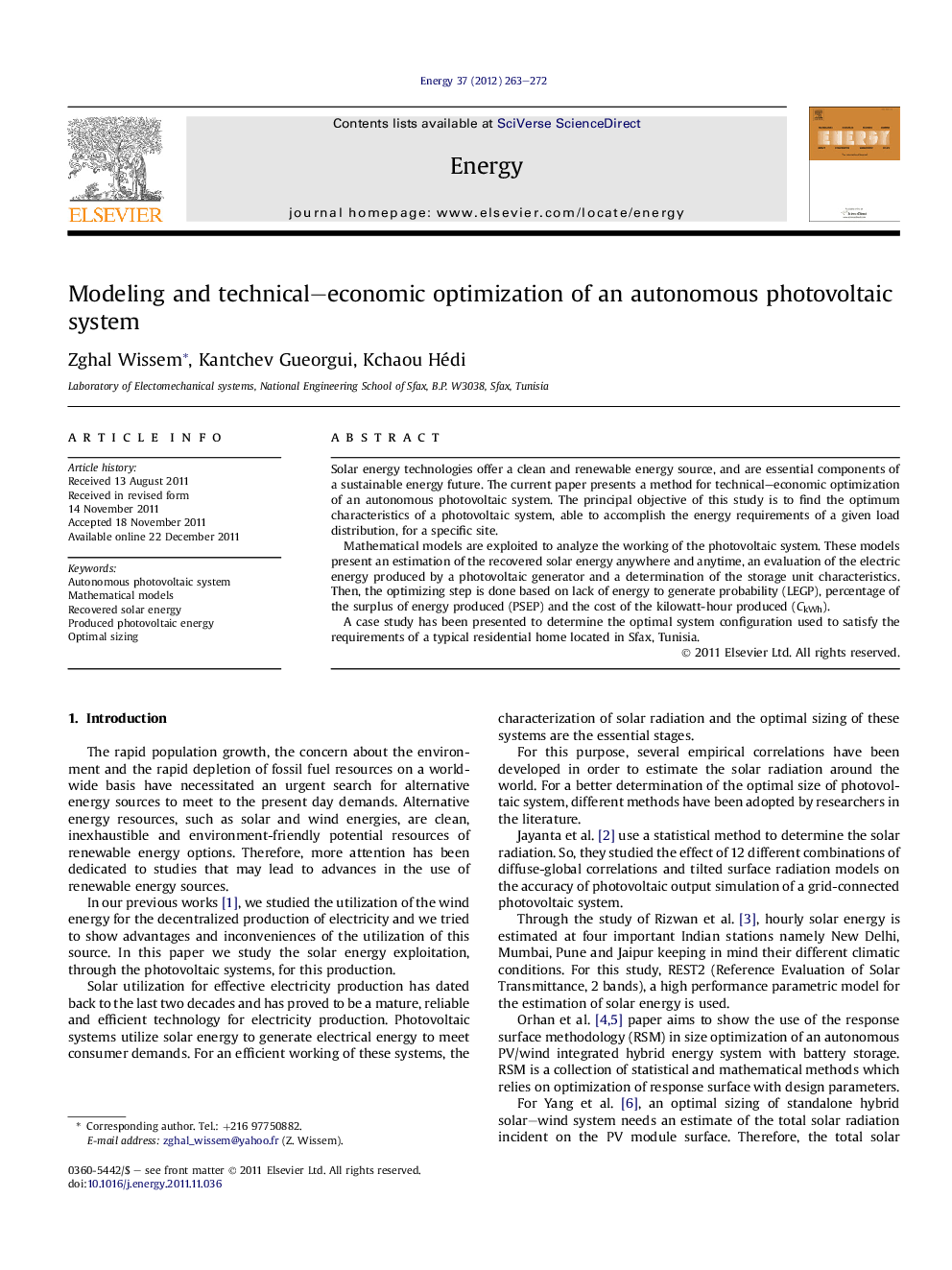 Modeling and technical–economic optimization of an autonomous photovoltaic system