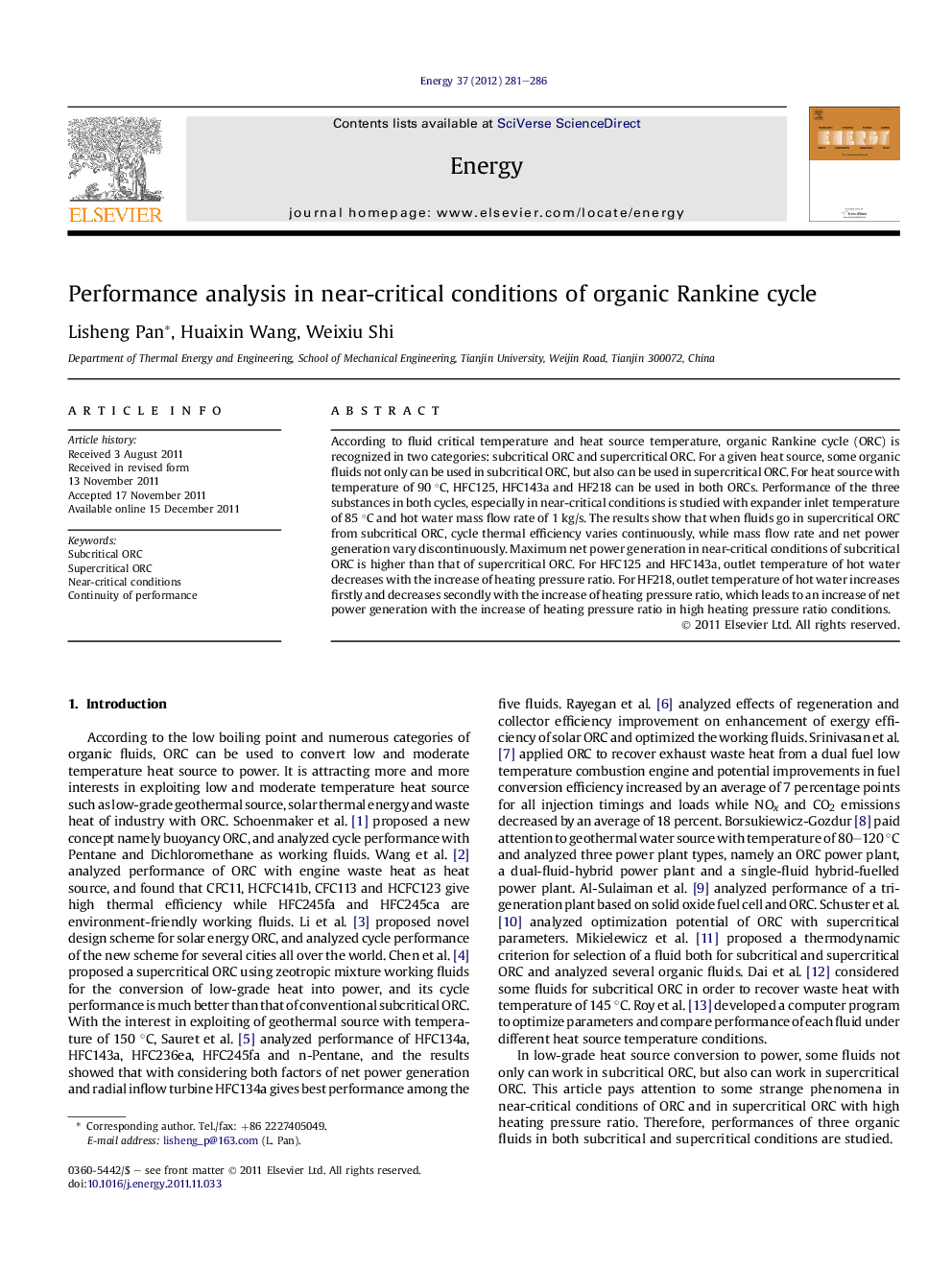 Performance analysis in near-critical conditions of organic Rankine cycle