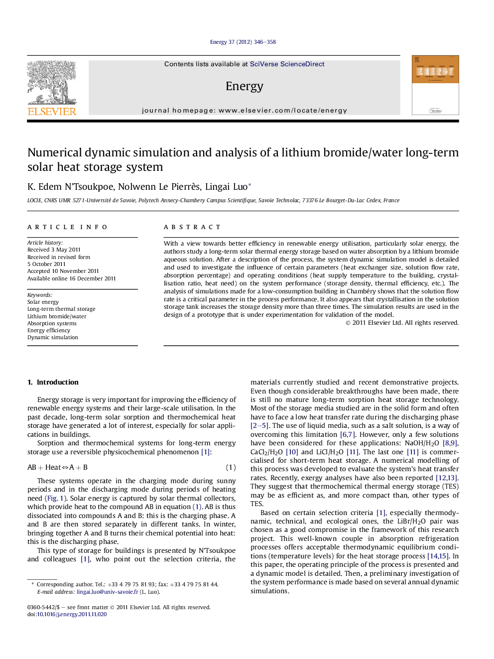 Numerical dynamic simulation and analysis of a lithium bromide/water long-term solar heat storage system