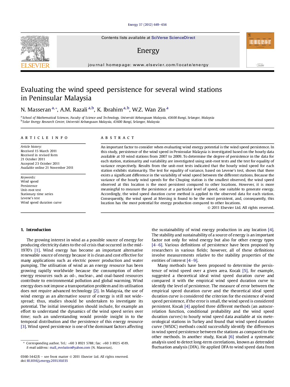 Evaluating the wind speed persistence for several wind stations in Peninsular Malaysia