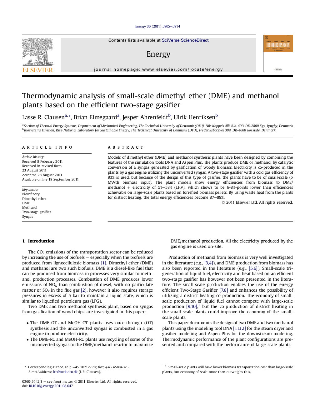 Thermodynamic analysis of small-scale dimethyl ether (DME) and methanol plants based on the efficient two-stage gasifier