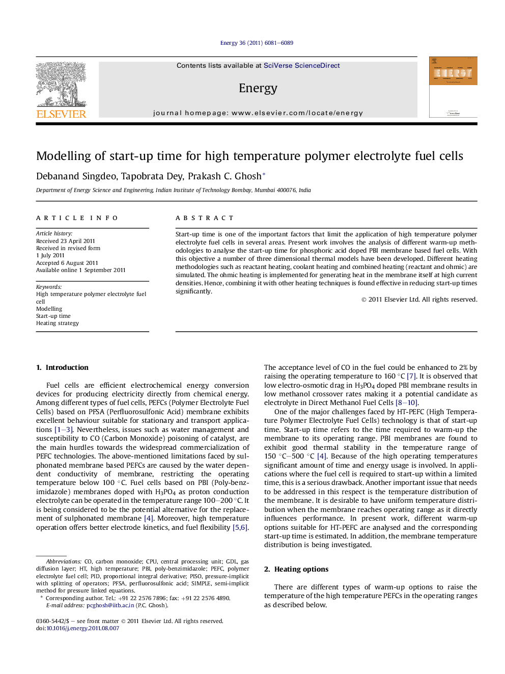 Modelling of start-up time for high temperature polymer electrolyte fuel cells