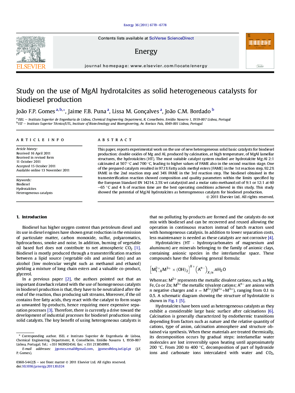 Study on the use of MgAl hydrotalcites as solid heterogeneous catalysts for biodiesel production