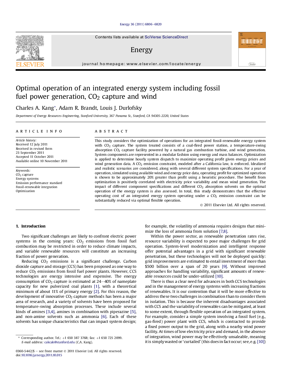 Optimal operation of an integrated energy system including fossil fuel power generation, CO2 capture and wind