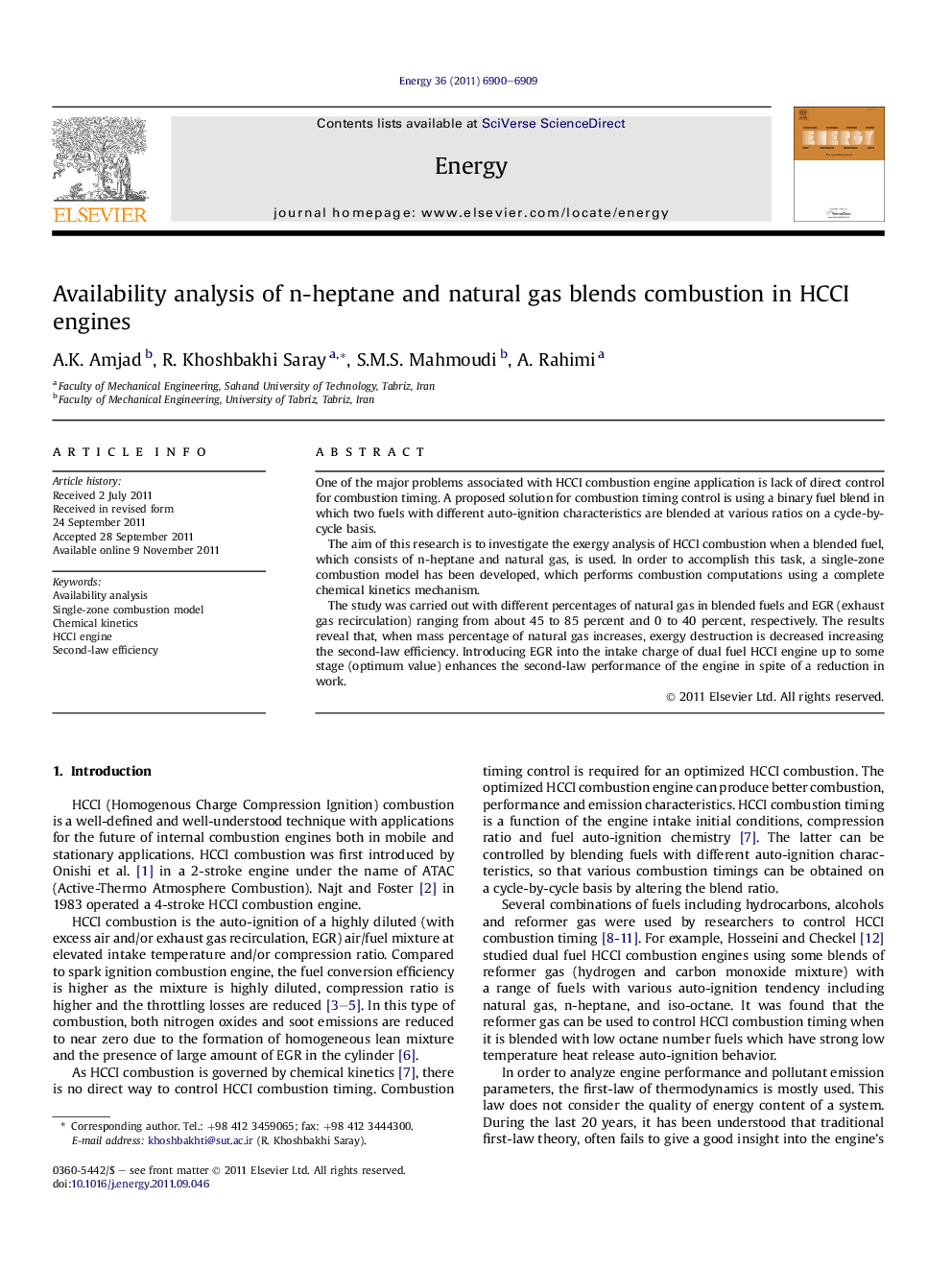 Availability analysis of n-heptane and natural gas blends combustion in HCCI engines