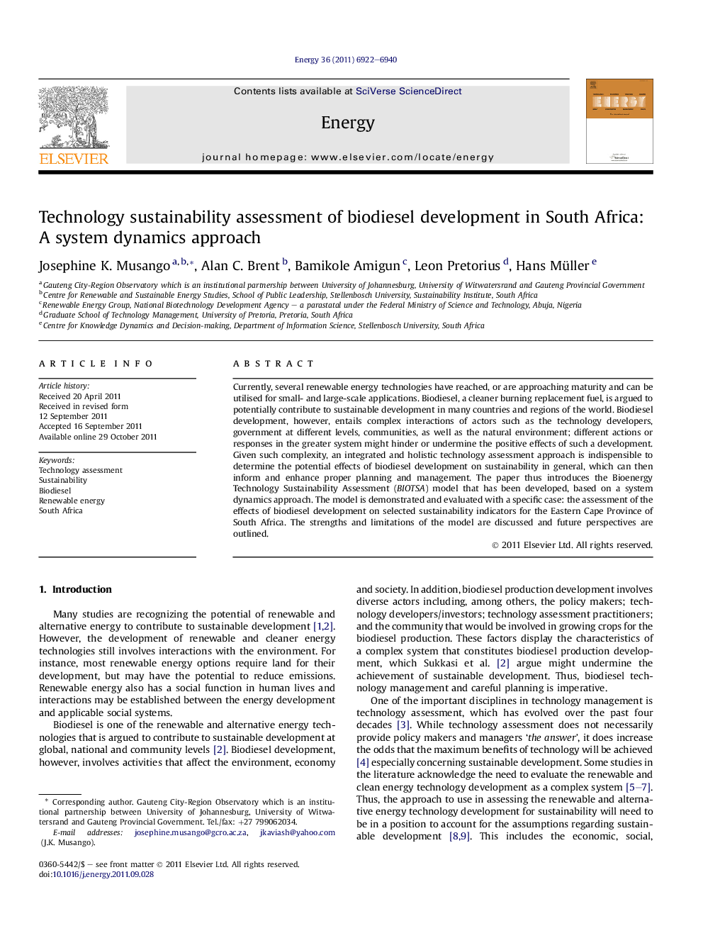 Technology sustainability assessment of biodiesel development in South Africa: A system dynamics approach