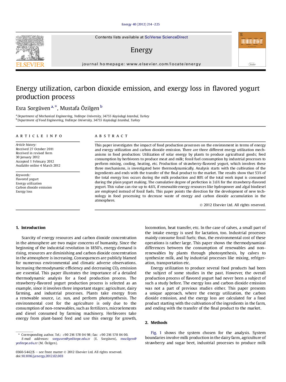 Energy utilization, carbon dioxide emission, and exergy loss in flavored yogurt production process