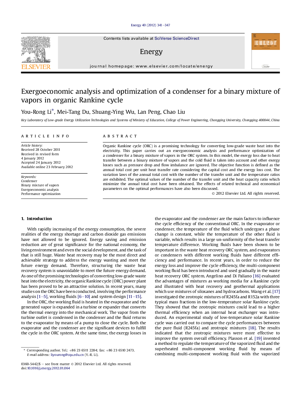 Exergoeconomic analysis and optimization of a condenser for a binary mixture of vapors in organic Rankine cycle