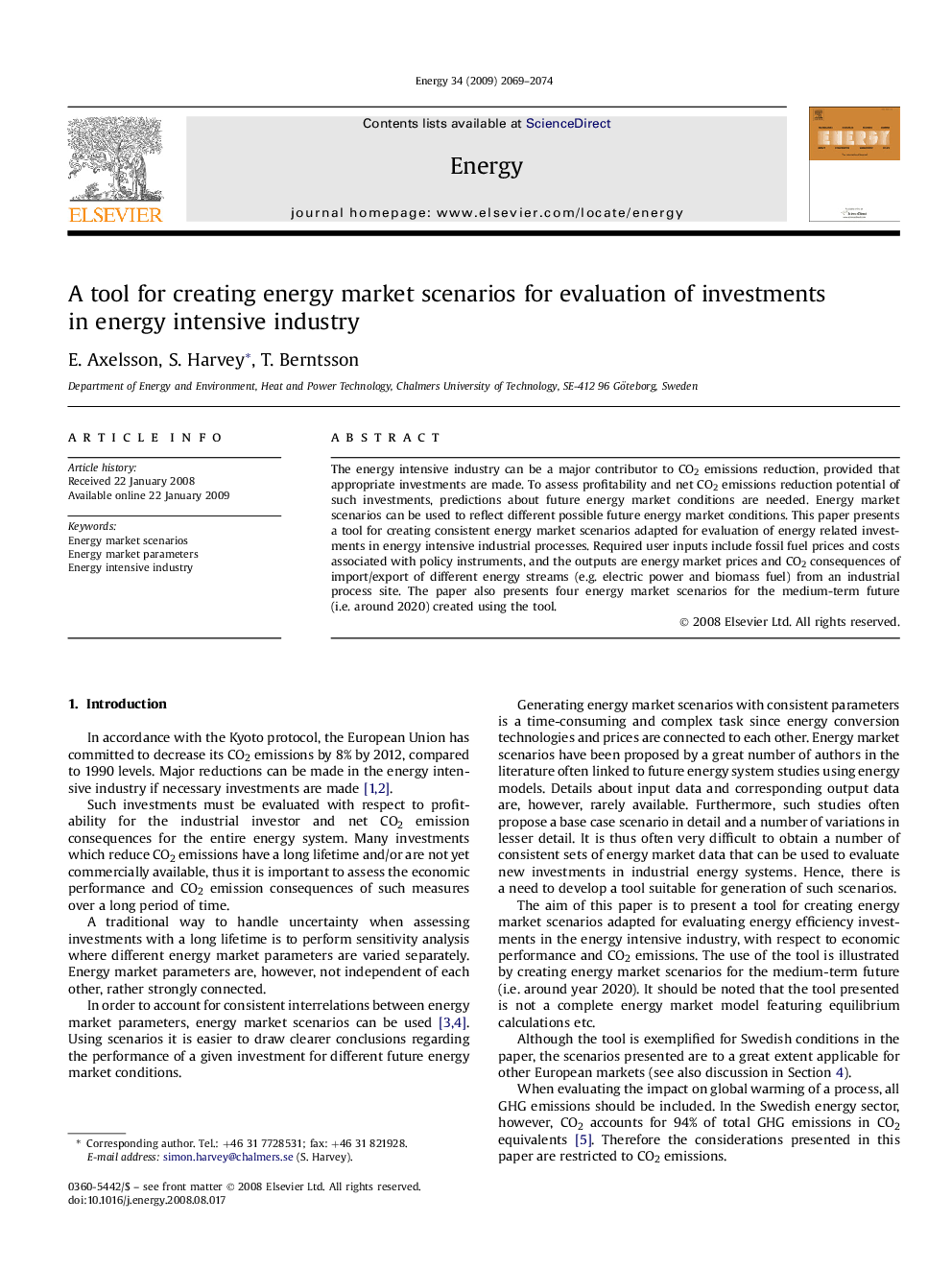 A tool for creating energy market scenarios for evaluation of investments in energy intensive industry