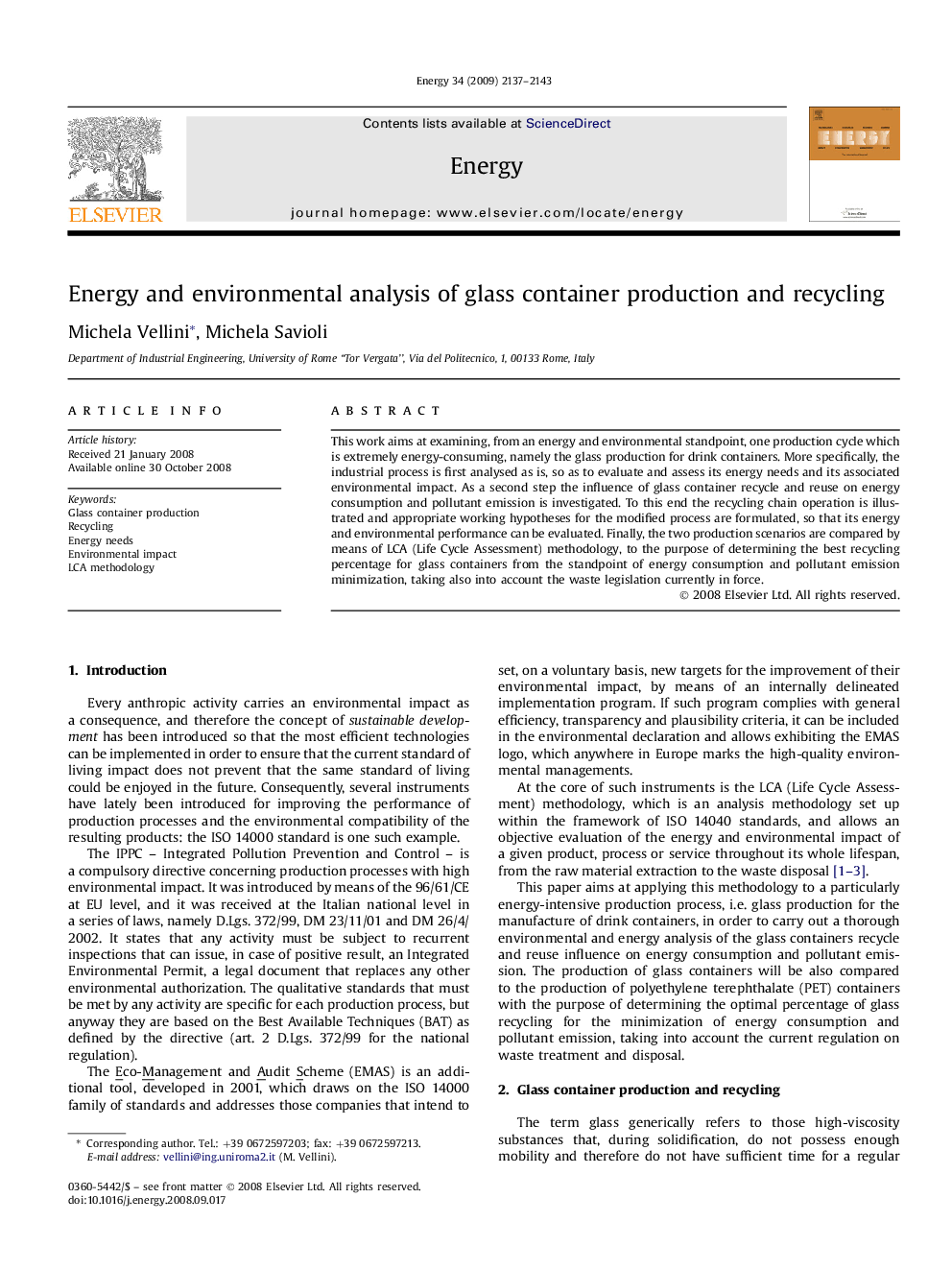 Energy and environmental analysis of glass container production and recycling