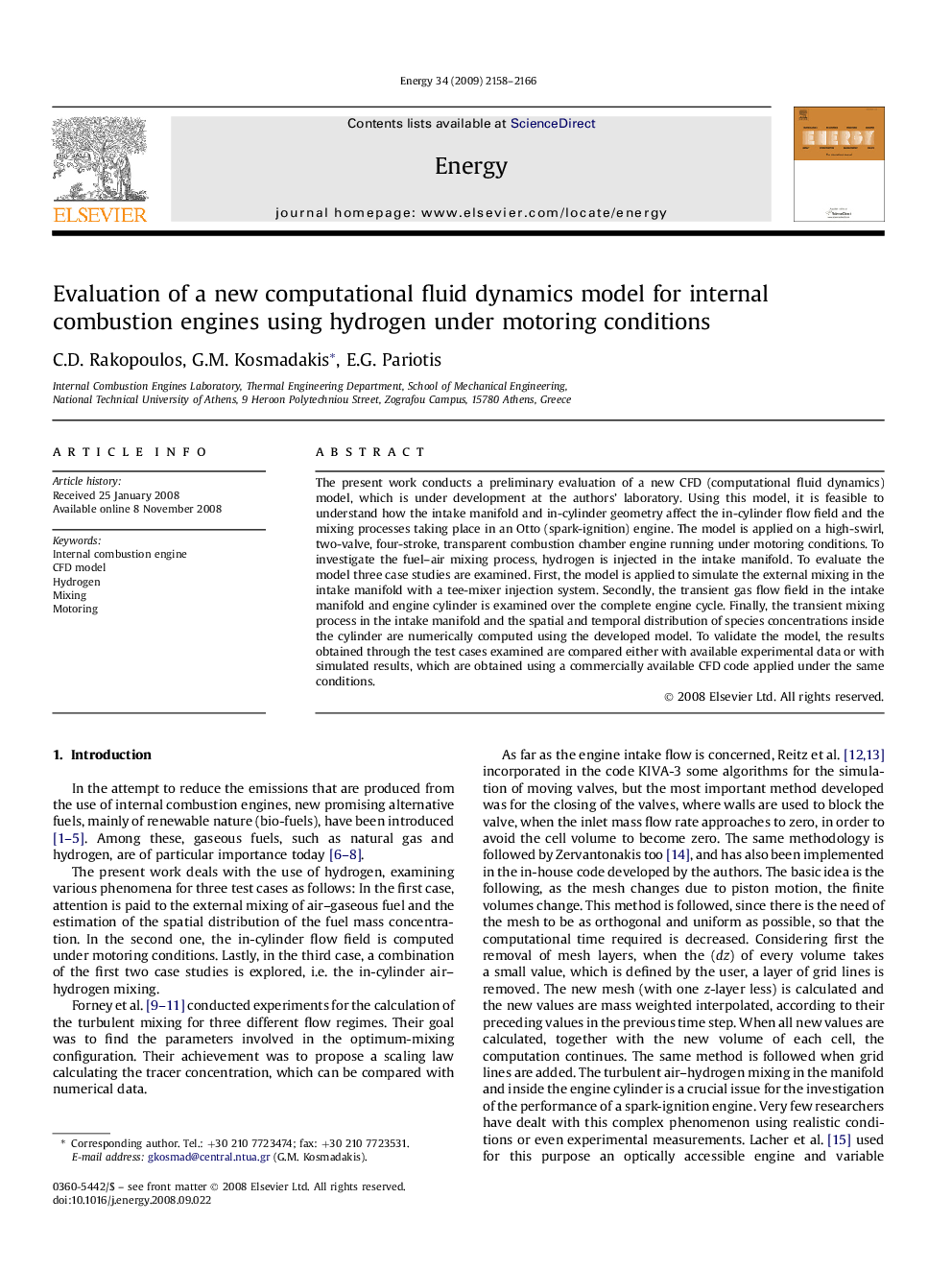 Evaluation of a new computational fluid dynamics model for internal combustion engines using hydrogen under motoring conditions