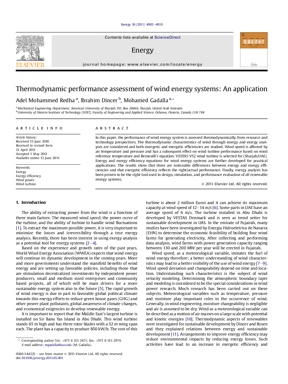 Thermodynamic performance assessment of wind energy systems: An application