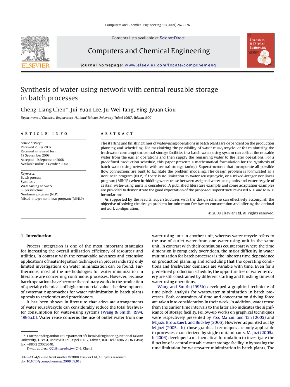 Synthesis of water-using network with central reusable storage in batch processes