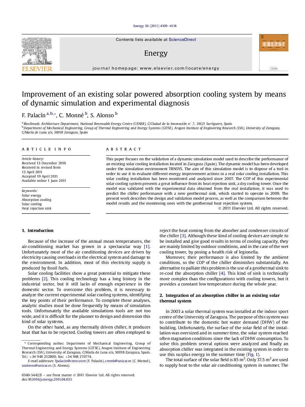 Improvement of an existing solar powered absorption cooling system by means of dynamic simulation and experimental diagnosis