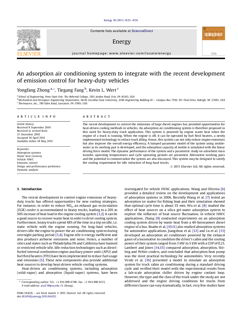 An adsorption air conditioning system to integrate with the recent development of emission control for heavy-duty vehicles