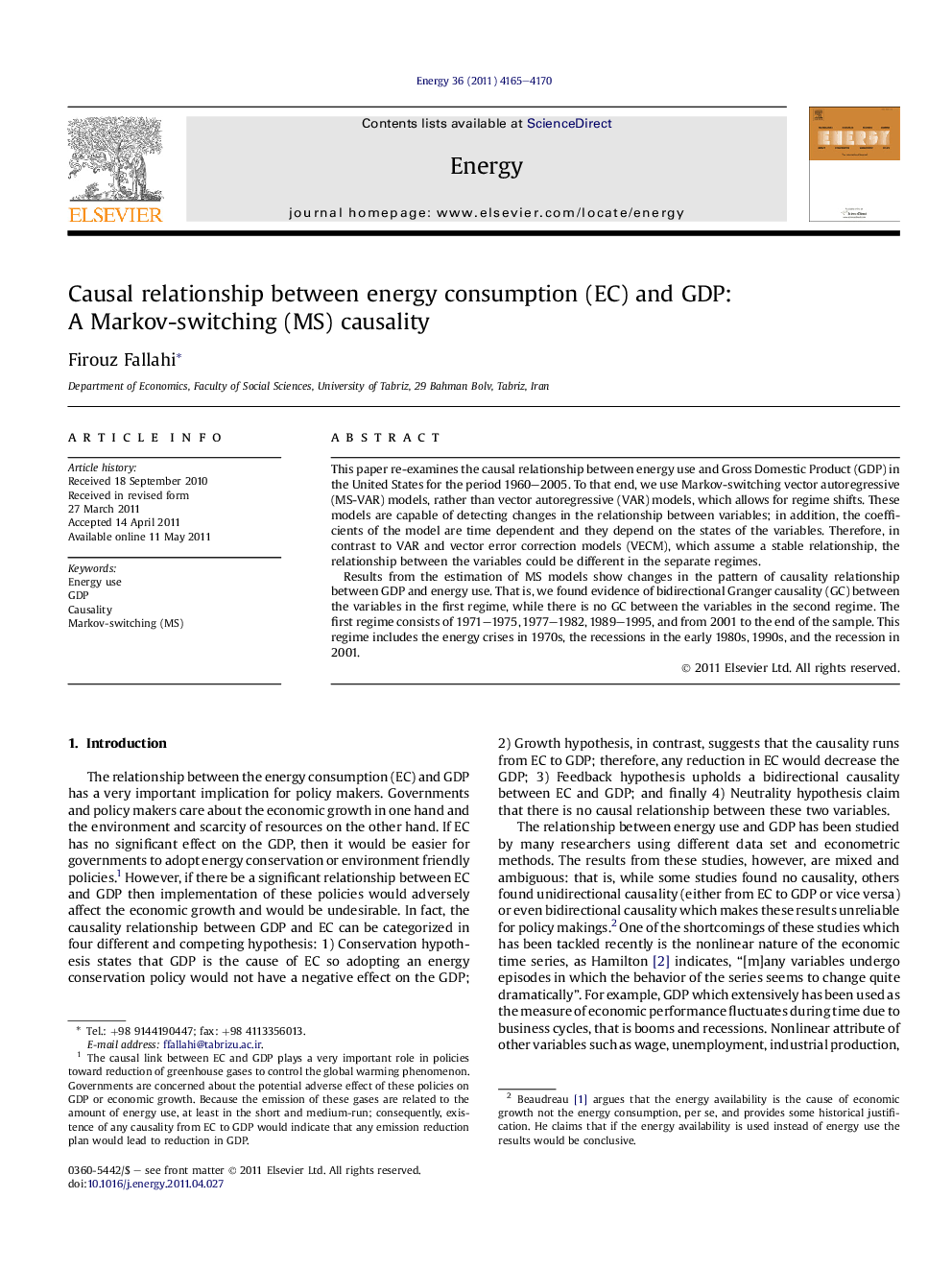 Causal relationship between energy consumption (EC) and GDP: A Markov-switching (MS) causality