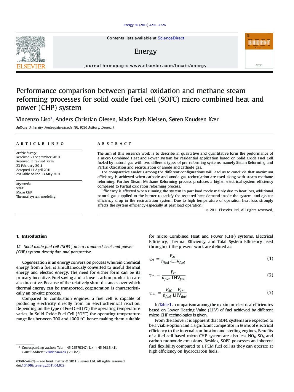 Performance comparison between partial oxidation and methane steam reforming processes for solid oxide fuel cell (SOFC) micro combined heat and power (CHP) system