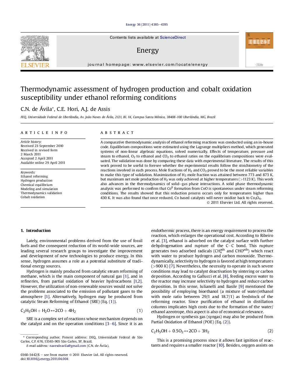 Thermodynamic assessment of hydrogen production and cobalt oxidation susceptibility under ethanol reforming conditions